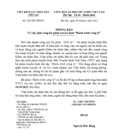 Thông báo về việc phát sóng bộ phim truyền hình "Hành trình công lý"
