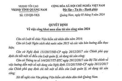 Quyết định về việc công khai mua sắm tài sản công năm 2024