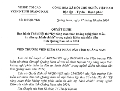Ban hành Thể lệ Hội thi “Kỹ năng soạn thảo kháng nghị phúc thẩm án dân sự, hành chính” trong ngành Kiểm sát nhân dân tỉnh Quảng Nam năm 2024