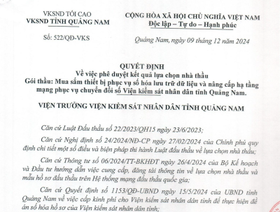 Về việc phê duyệt kết quả lựa chọn nhà thầu Gói thầu: Mua sắm thiết bị phục vụ số hóa lưu trữ dữ liệu và nâng cấp hạ tầng mạng phục vụ chuyển đổi số Viện kiểm sát nhân dân tỉnh Quảng Nam