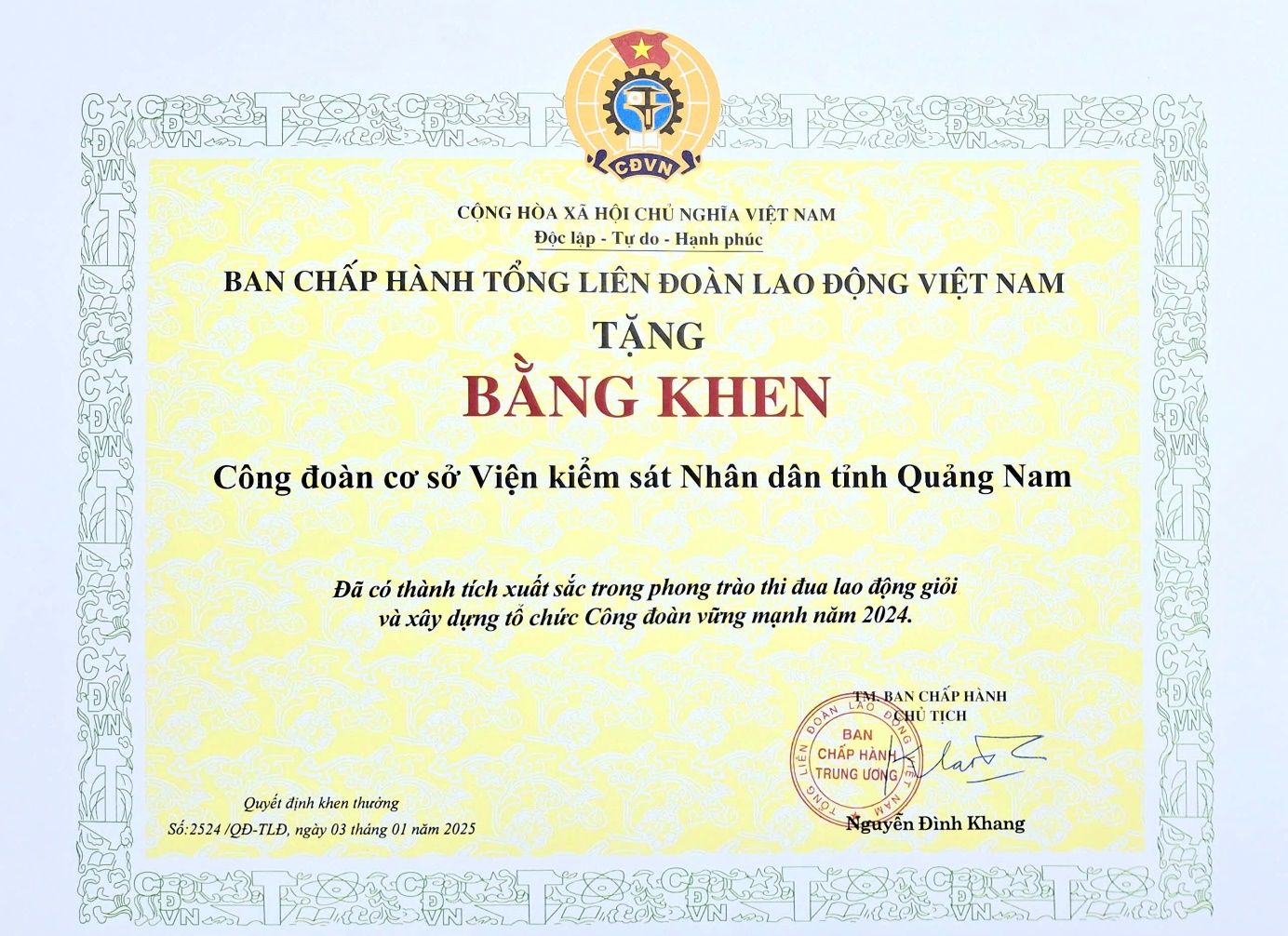 Bằng khen của Tổng Liên đoàn Lao động Việt Nam